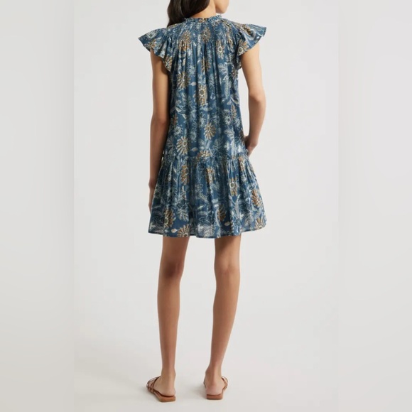 Cleobella Lydia Blue Gold Organic Cotton Flutter Sleeve Mini Babydoll Dress - Picture 2 of 16